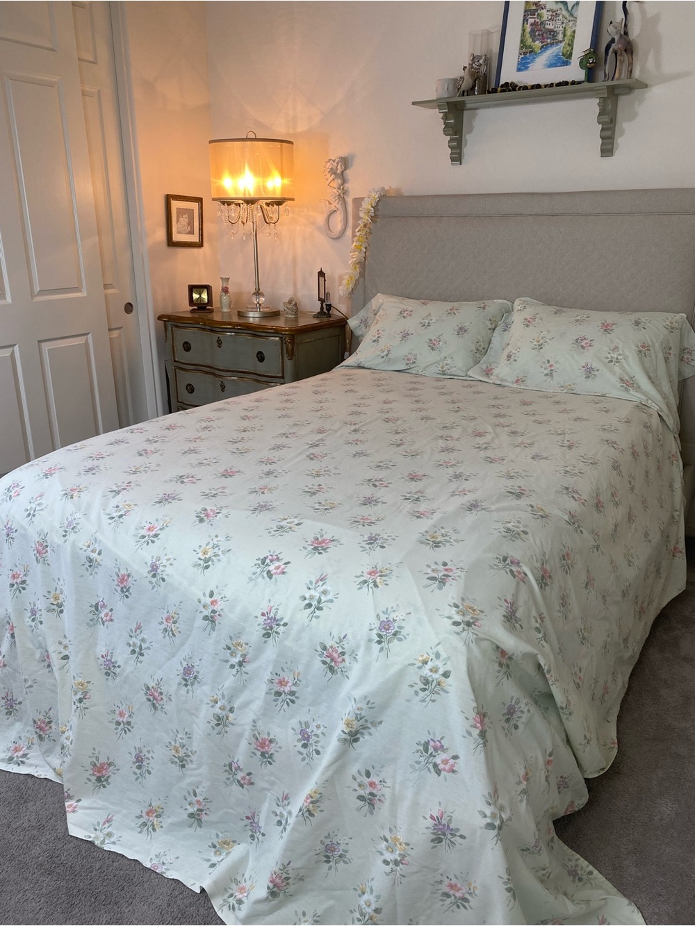 Springmaid Vintage King 4pc Sheet Set Floral Mint Green Cream Background Pink